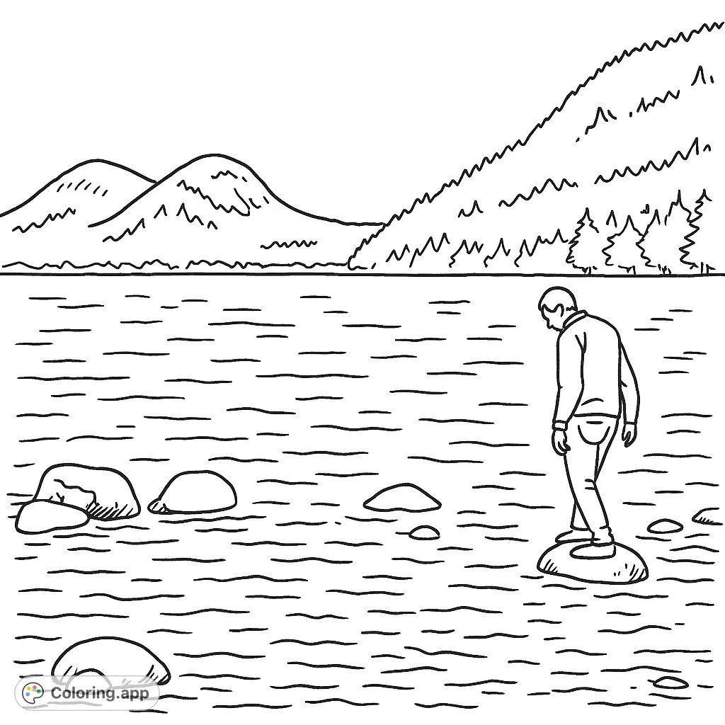 Explore a serene lakeside scene with a person crossing stepping stones, framed by majestic mountains. A peaceful nature coloring page.
