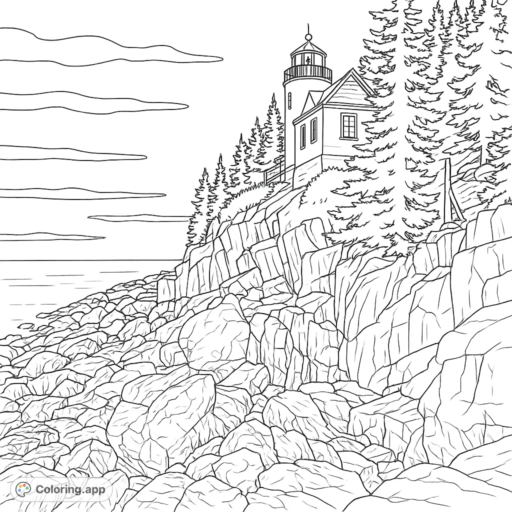 Explore a majestic lighthouse perched on a rugged, rocky coastline with towering pine trees and a vast ocean. A detailed nature and coastal scene.