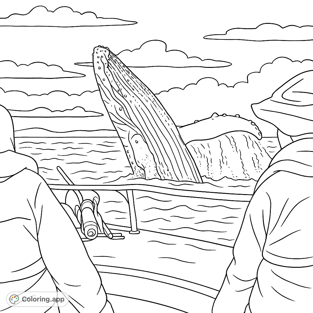 Witness a majestic whale breaching from a boat perspective. This captivating whale watching coloring page offers a thrilling ocean adventure, perfect for all ages.
