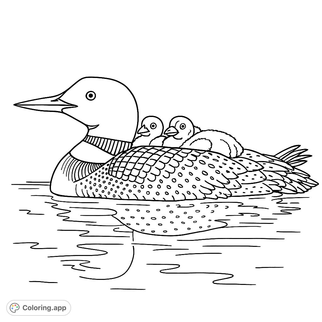 A serene loon family coloring page featuring a mother loon swimming with two adorable chicks on her back, perfect for nature lovers.