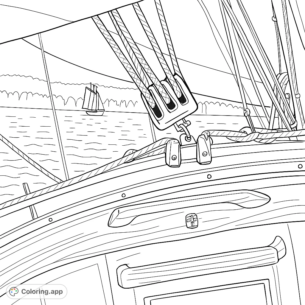 Explore a detailed sailboat deck with intricate rigging and a distant boat on calm waters. A free printable nautical coloring page for all ages.