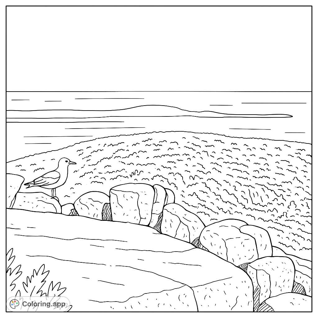 A peaceful coastal scene featuring a seagull perched on textured rocks overlooking a vast, wavy beach and calm ocean. Perfect for nature lovers.