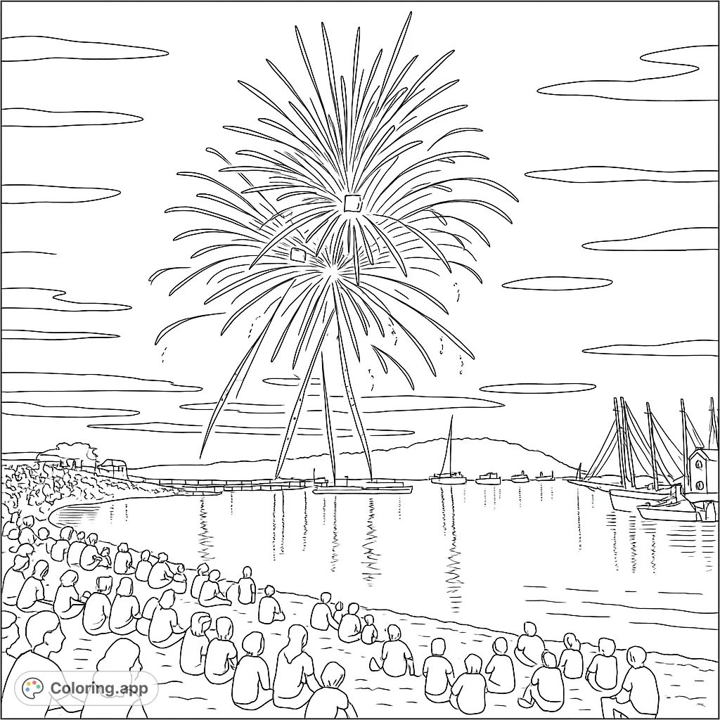 Experience a dazzling fireworks display over a bay, with a crowd watching from the shore and boats on the water. A festive celebration scene.