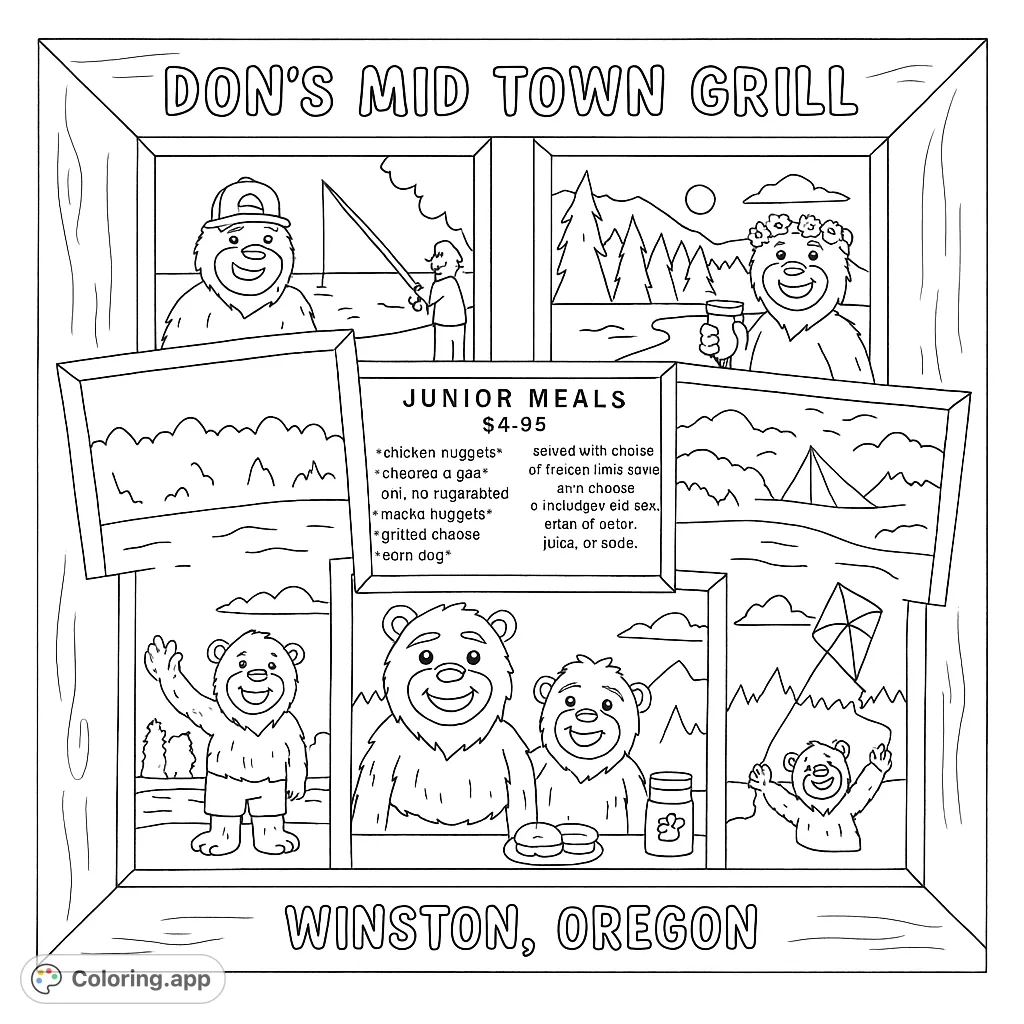 Explore a charming collage of bear adventures! This free printable coloring page features delightful scenes of bears fishing, camping, and playing.