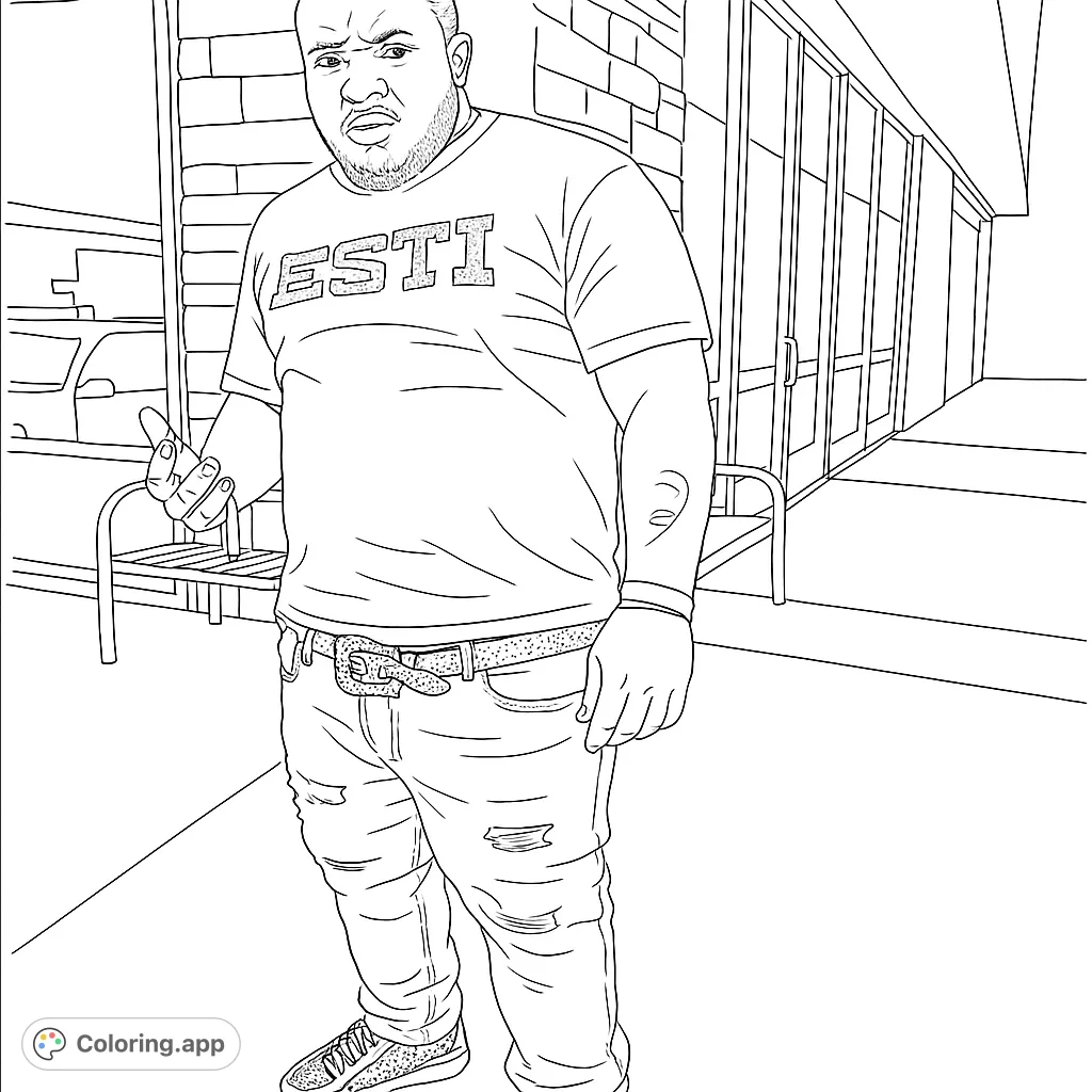 An urban street style coloring page featuring a cool man in ripped jeans and a detailed belt, perfect for free printable coloring page enthusiasts and adults.