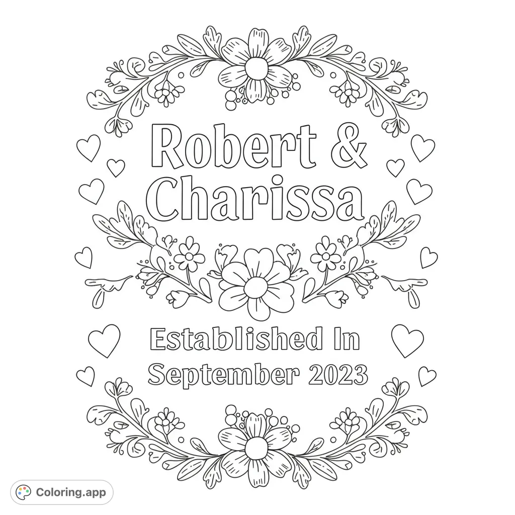 An elegant floral wreath adorned with delicate hearts, offering a beautiful free printable coloring page for all ages.