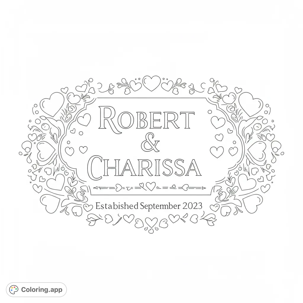 An intricate oval frame adorned with a lush border of hearts and vines, perfect for personalizing. A beautiful love-themed coloring page for all ages.