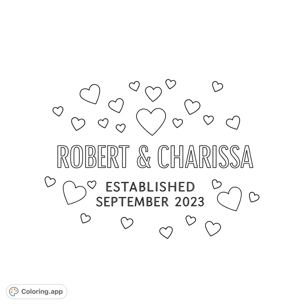 A charming free printable romantic hearts coloring page featuring various heart outlines surrounding a central blank space for personalization.