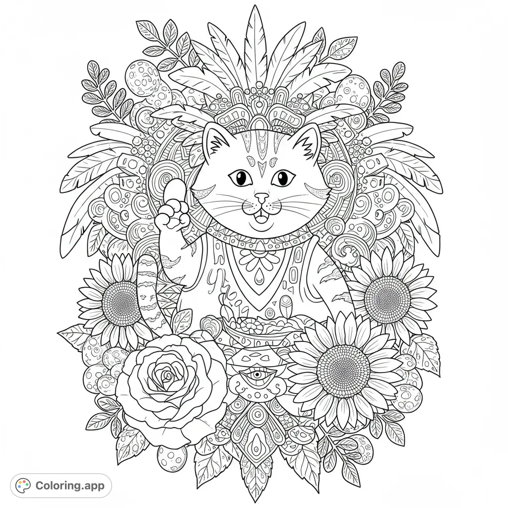 Morris the cat with roses and sunflowers in an Aztec-inspired design. A detailed black and white line drawing perfect for coloring. Fun for adults and kids!
