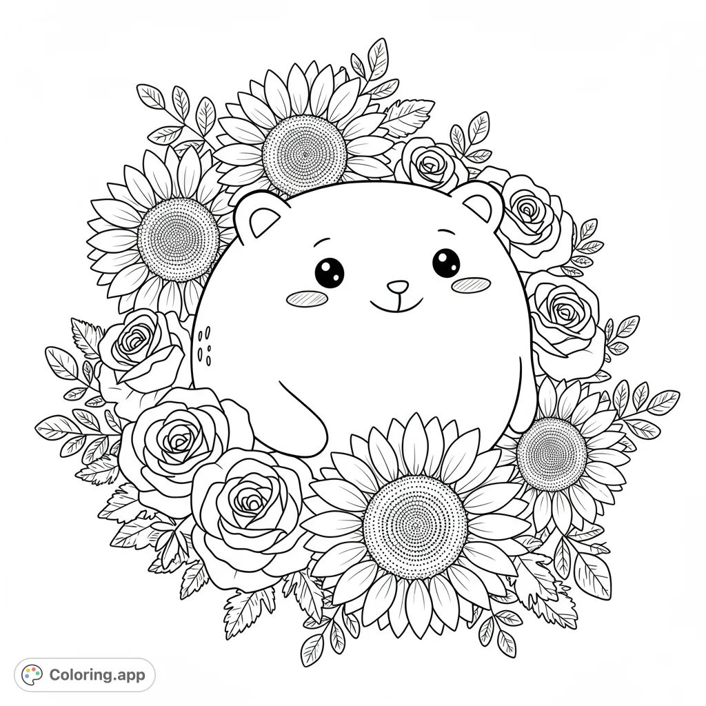 Adorable bear-like creature nestled in a beautiful wreath of sunflowers and roses. A charming, free printable coloring page for all ages.