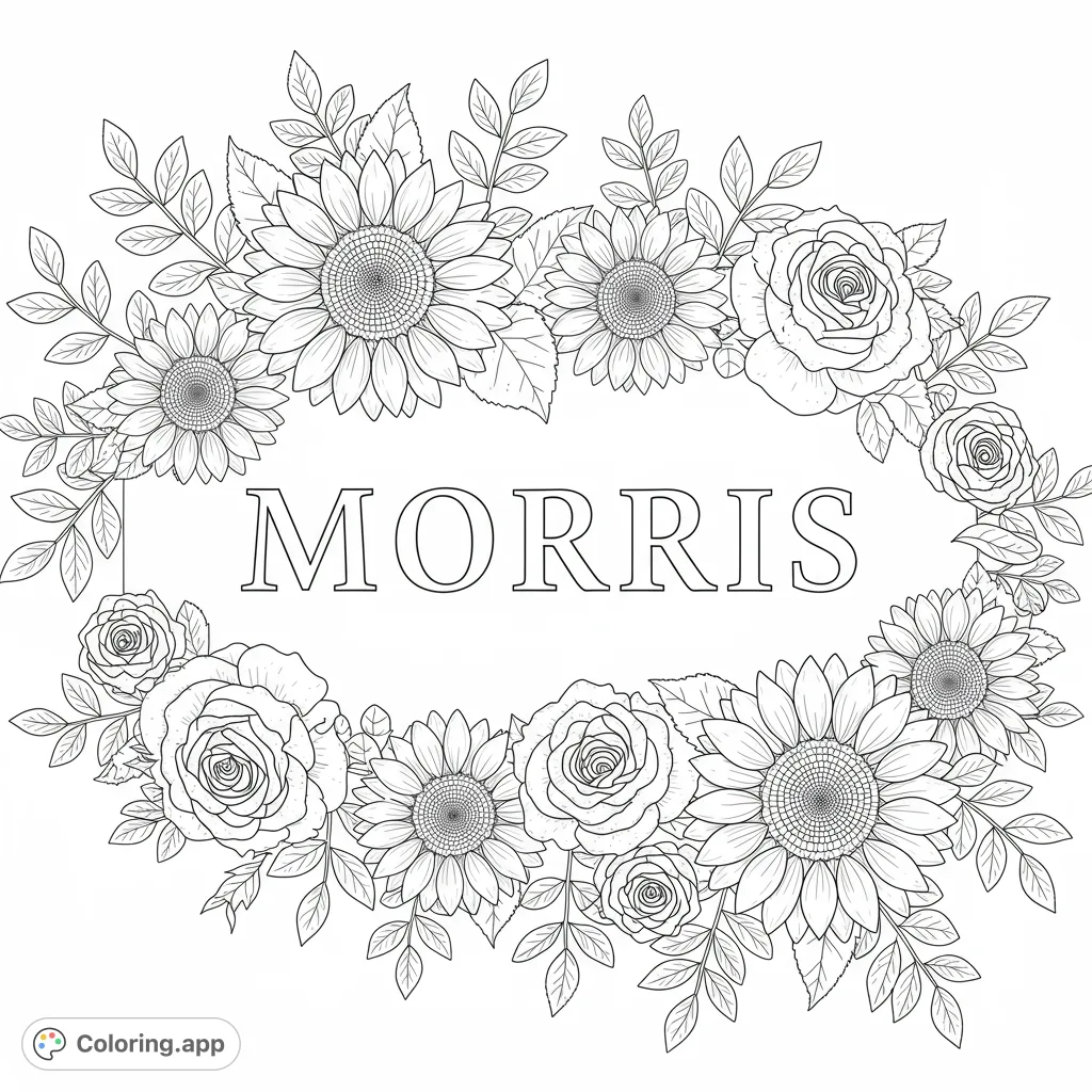 An elegant floral wreath coloring page featuring detailed sunflowers, delicate roses, and lush leaves, perfect for a beautiful free printable coloring page.