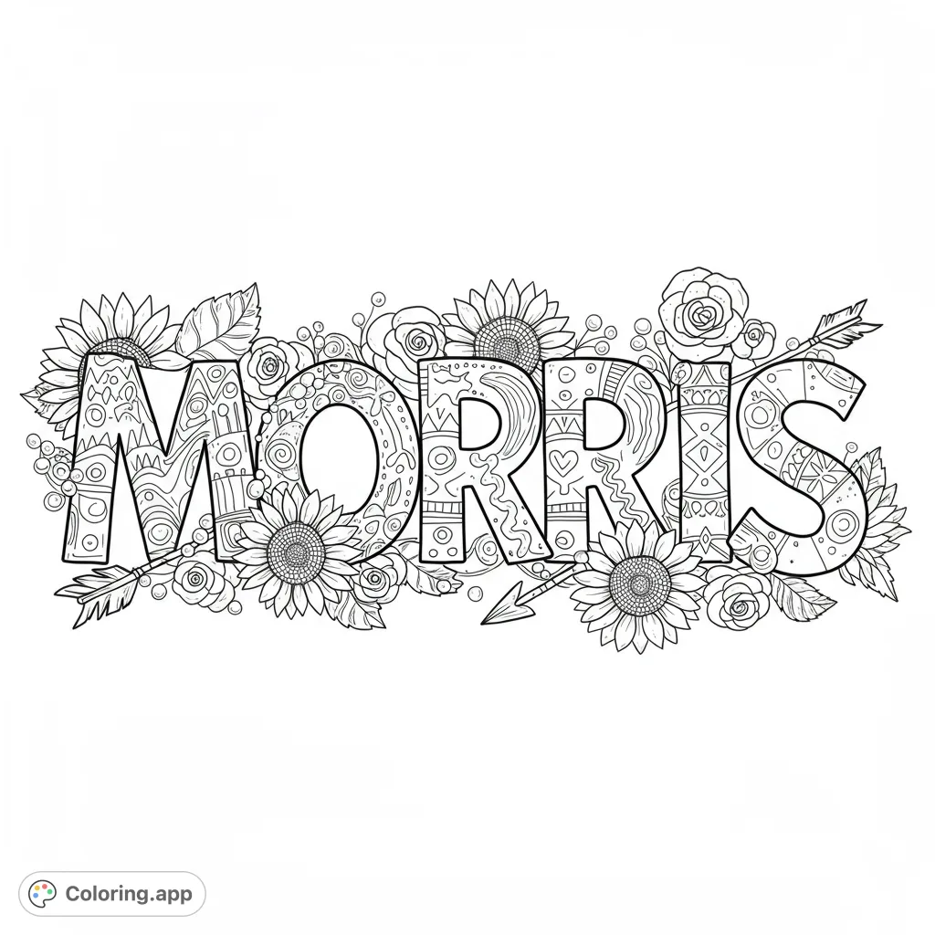 Intricate floral lettering with sunflowers, roses, and arrows, perfect for personalized coloring fun. A free printable coloring page for all ages.