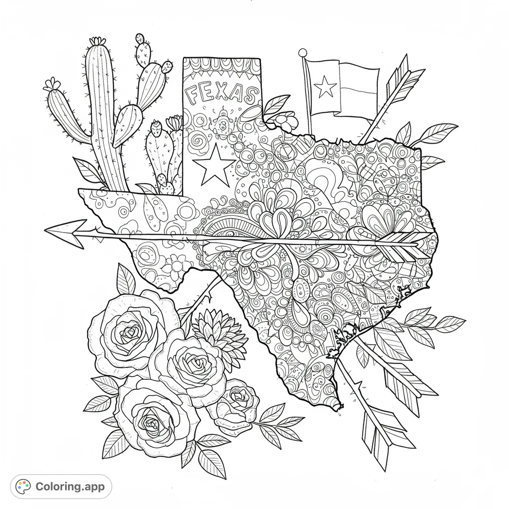 Explore a detailed Texas map adorned with intricate patterns, cacti, roses, and arrows. A unique free printable Texas coloring page for all ages!