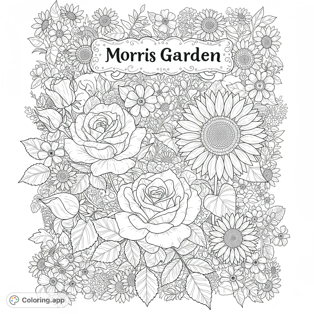An intricate garden coloring page featuring detailed roses, a sunflower, and a variety of smaller blossoms, perfect for nature lovers and floral enthusiasts.