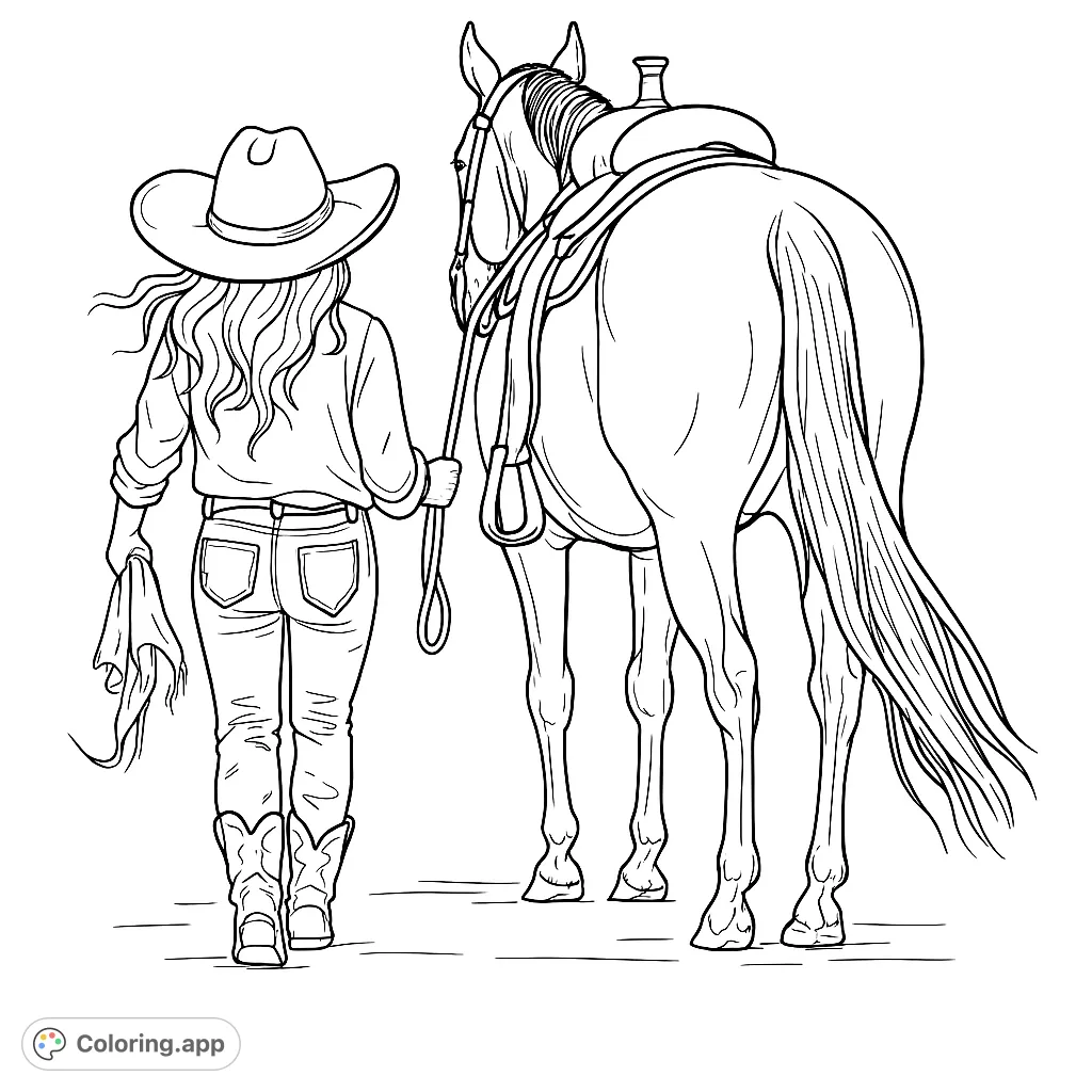 A cowgirl and her horse walk together in this Western-themed coloring page, perfect for all ages.