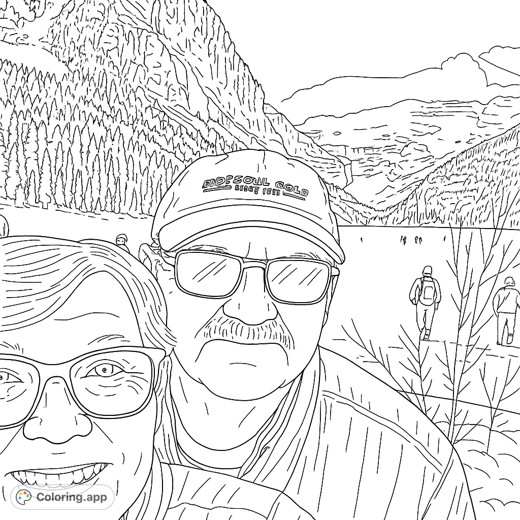 A serene mountain lake scene featuring a couple in the foreground, with distant hikers and majestic peaks. A perfect nature coloring page for all ages.