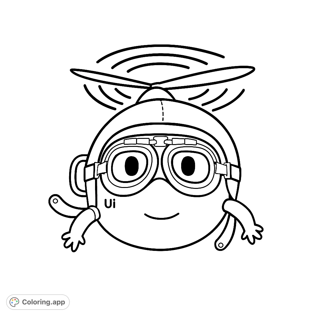 A cheerful, round character wearing a pilot's helmet with goggles and a spinning propeller, ready for adventure. A free printable pilot character coloring page.
