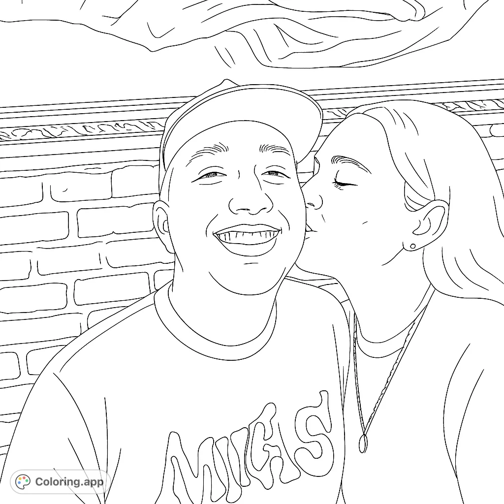 Capture a moment of pure joy with this romantic couple coloring page. A woman kisses a smiling man on the cheek, set against a brick wall.