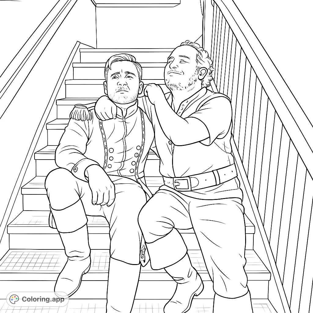 A heartwarming friendship coloring page featuring two men, one in uniform, one casual, sharing a moment on a grand staircase. Free printable coloring page for all ages.