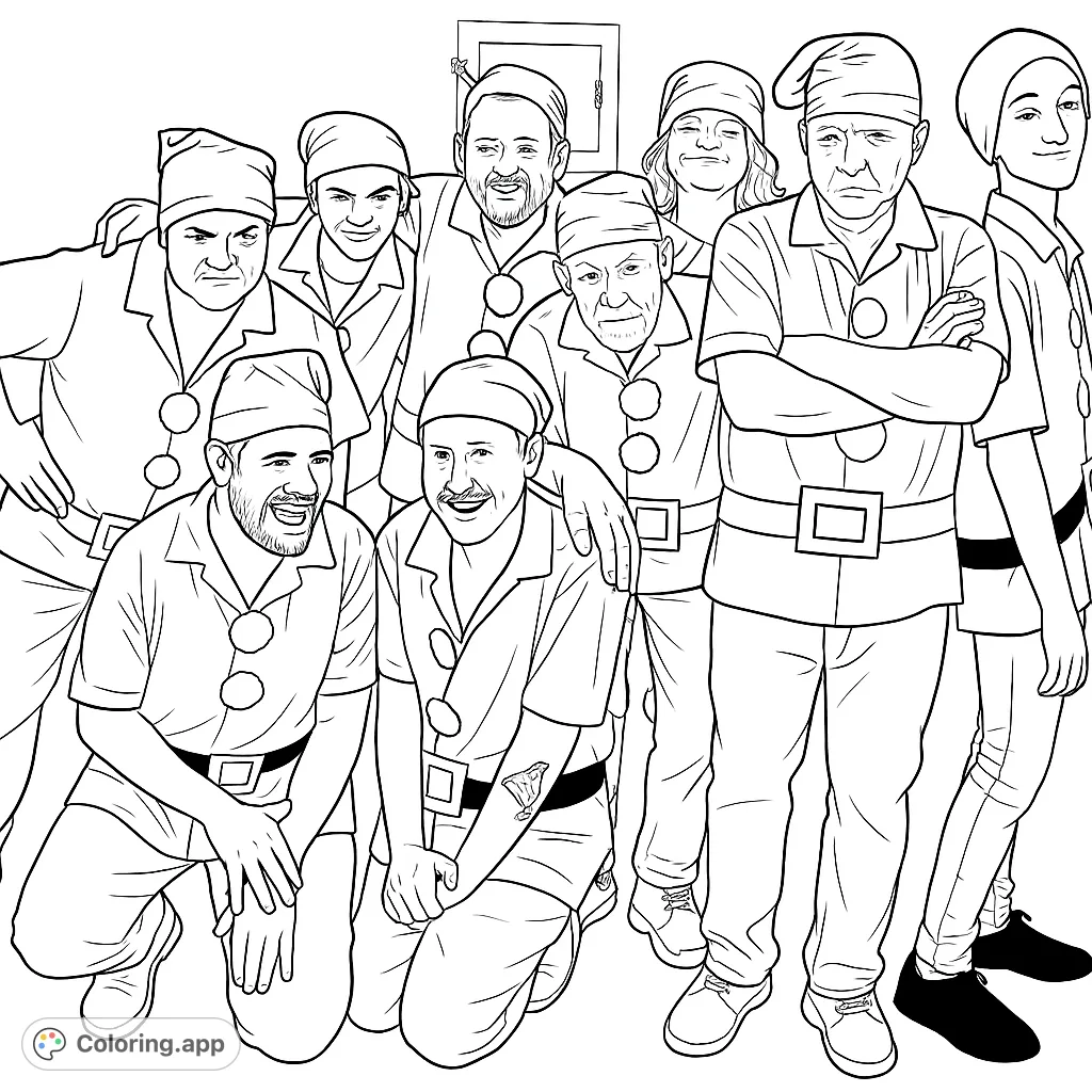 A fun dwarf costume coloring page featuring nine unique characters. Perfect for fantasy fans and group coloring fun, a free printable coloring page.