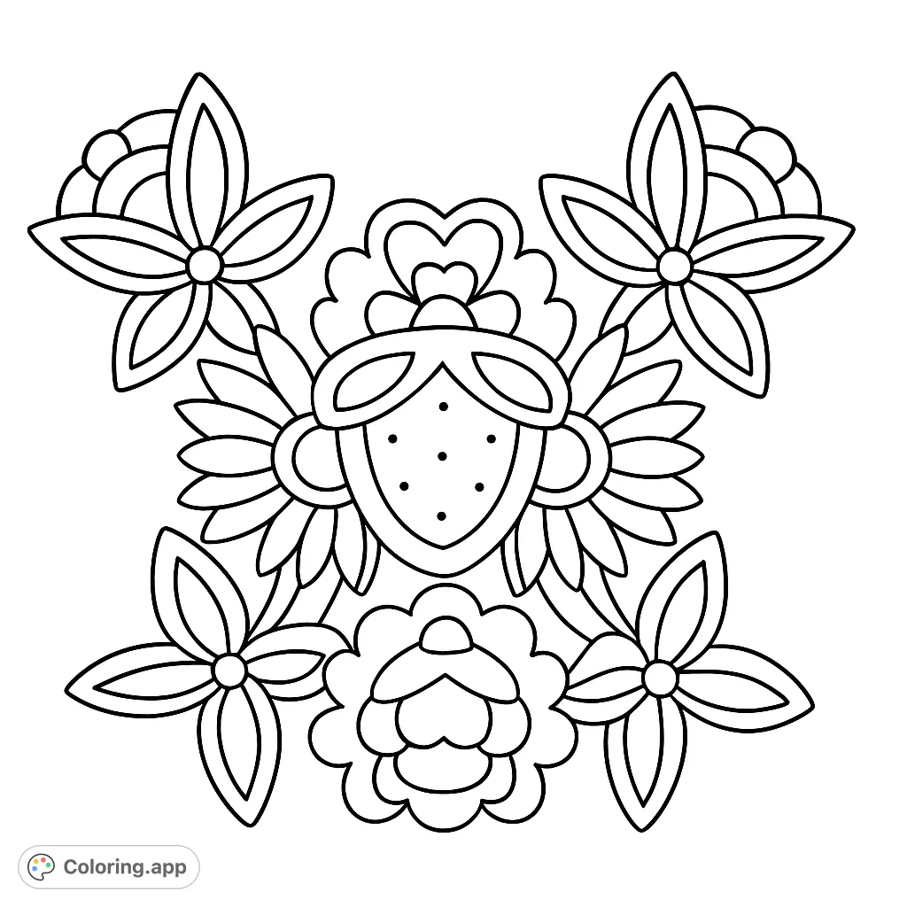A charming symmetrical folk art floral design featuring a central stylized fruit surrounded by whimsical flowers. Perfect for a relaxing and creative coloring experience.