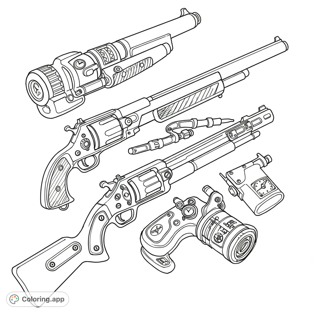 Explore a detailed steampunk weaponry coloring page featuring intricate rifles, energy devices, and futuristic gadgets. Perfect for fans of Victorian sci-fi.