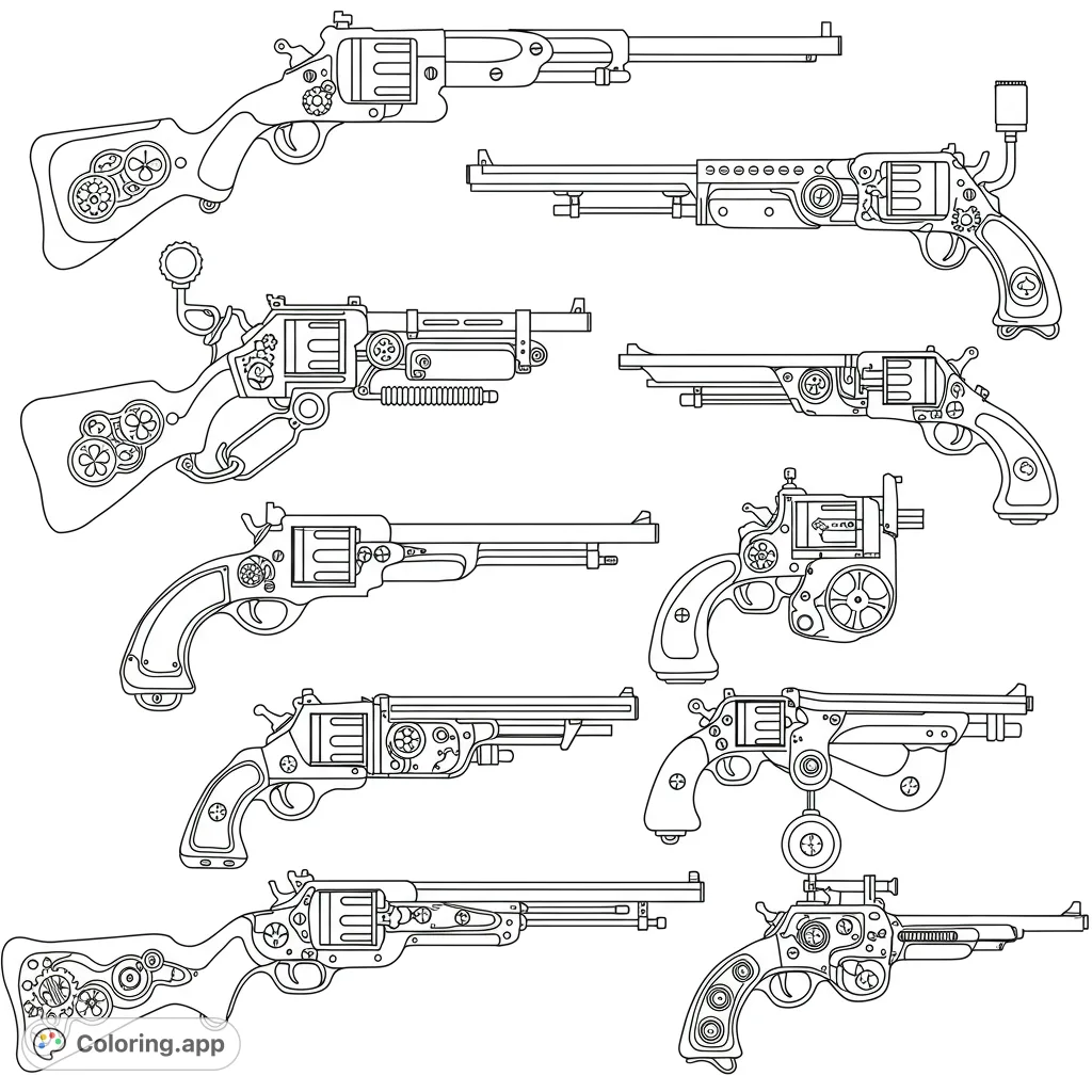 Explore a detailed collection of nine intricate steampunk weapons, featuring gears, pipes, and ornate designs. A free printable steampunk coloring page for all ages.