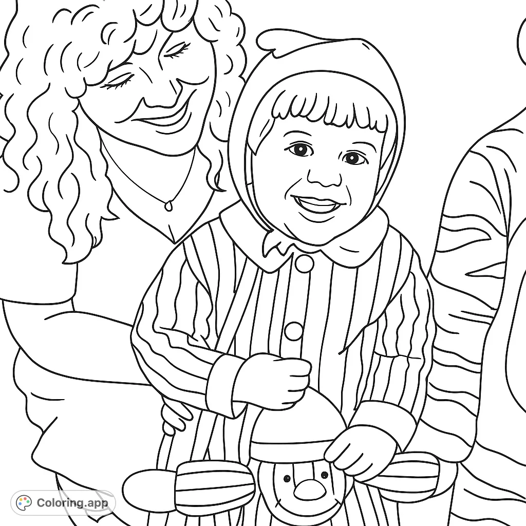 A heartwarming family scene featuring a smiling child in pajamas holding a snowman toy, embraced by a loving adult. Perfect for cozy coloring fun.