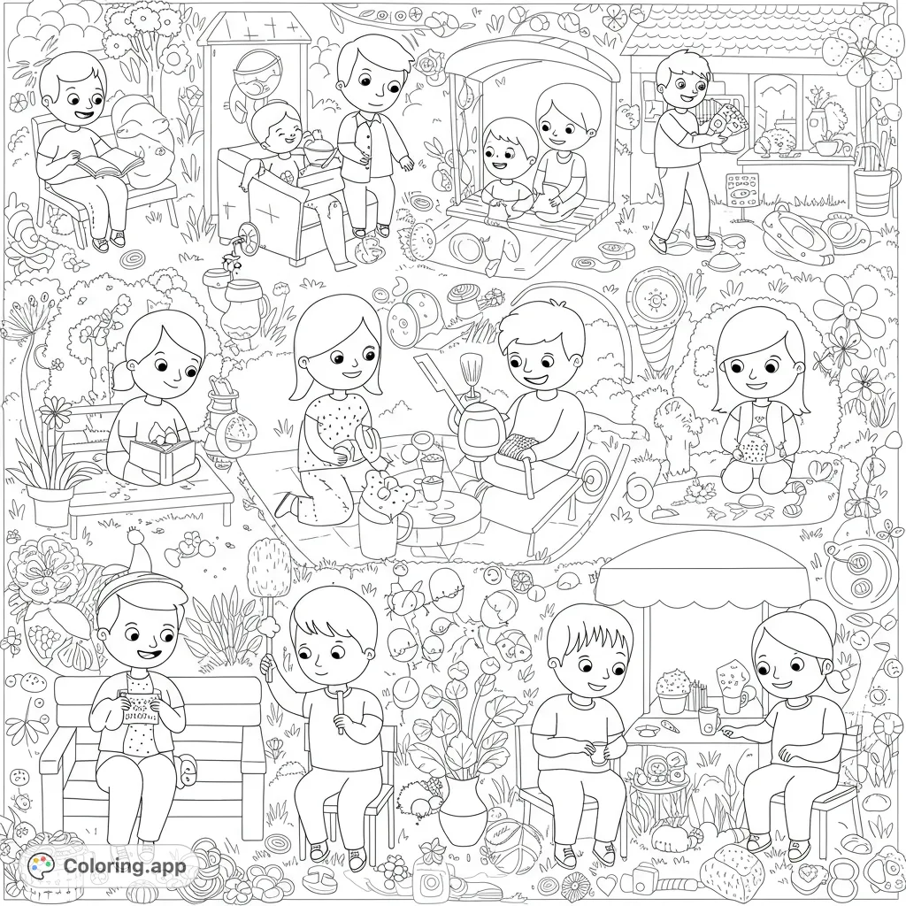 A delightful garden party coloring page featuring children and adults enjoying various activities like reading, playing, and picnicking in a vibrant outdoor setting.