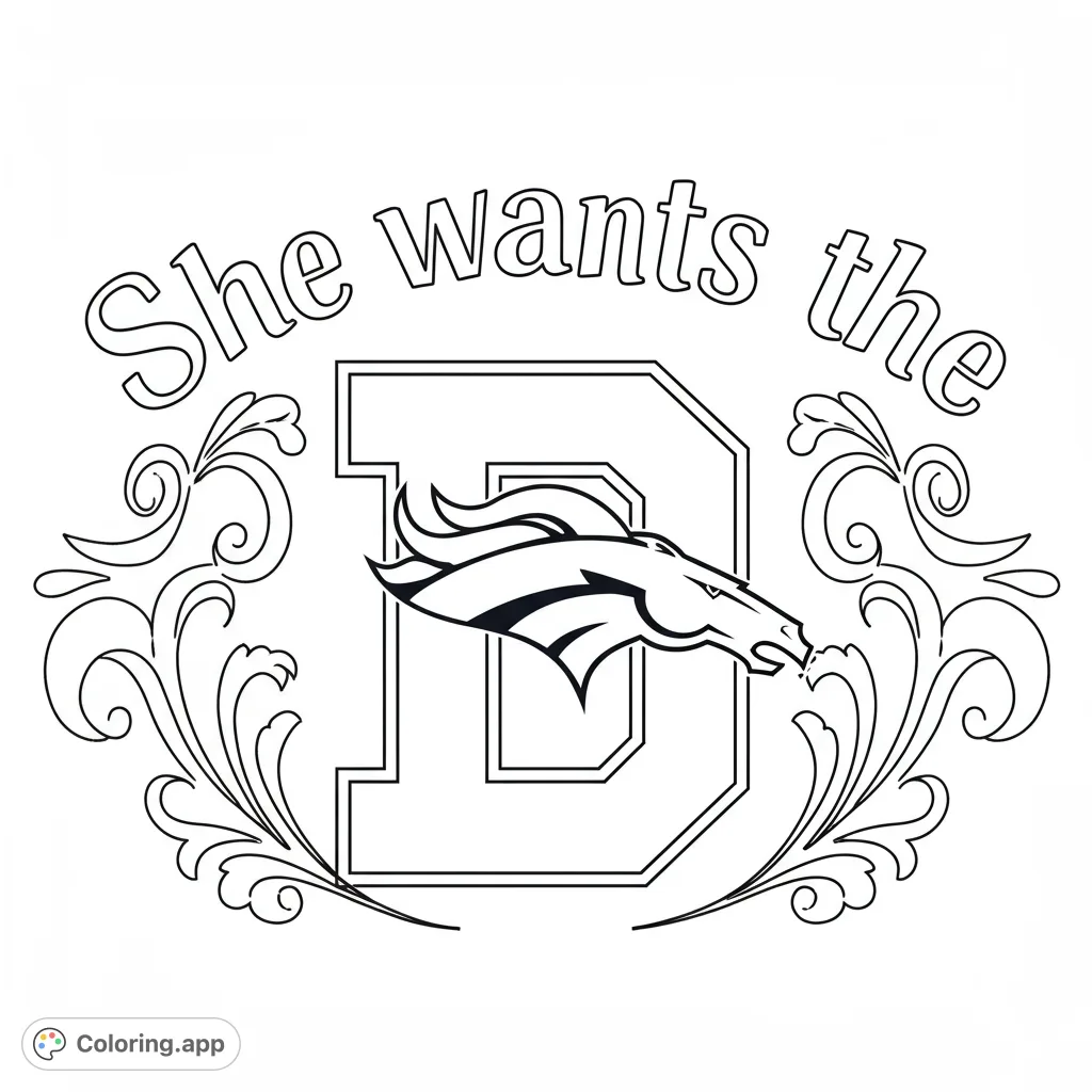 A dynamic horse head emerges from a bold letter 'D', framed by elegant scrollwork. A spirited sports-themed coloring page for fans!