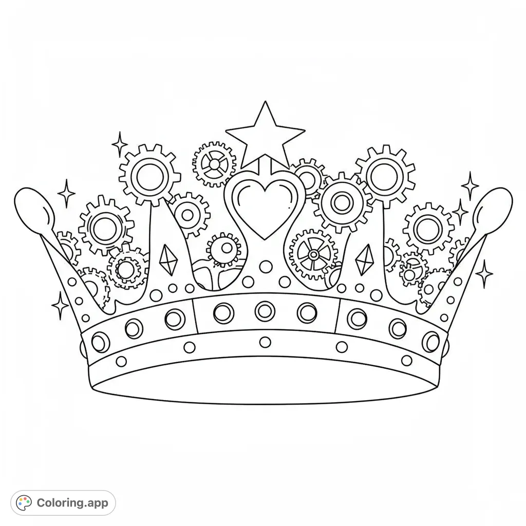 An intricate steampunk crown coloring page adorned with gears, a heart, and a star, perfect for creative minds and mechanical fantasy enthusiasts.