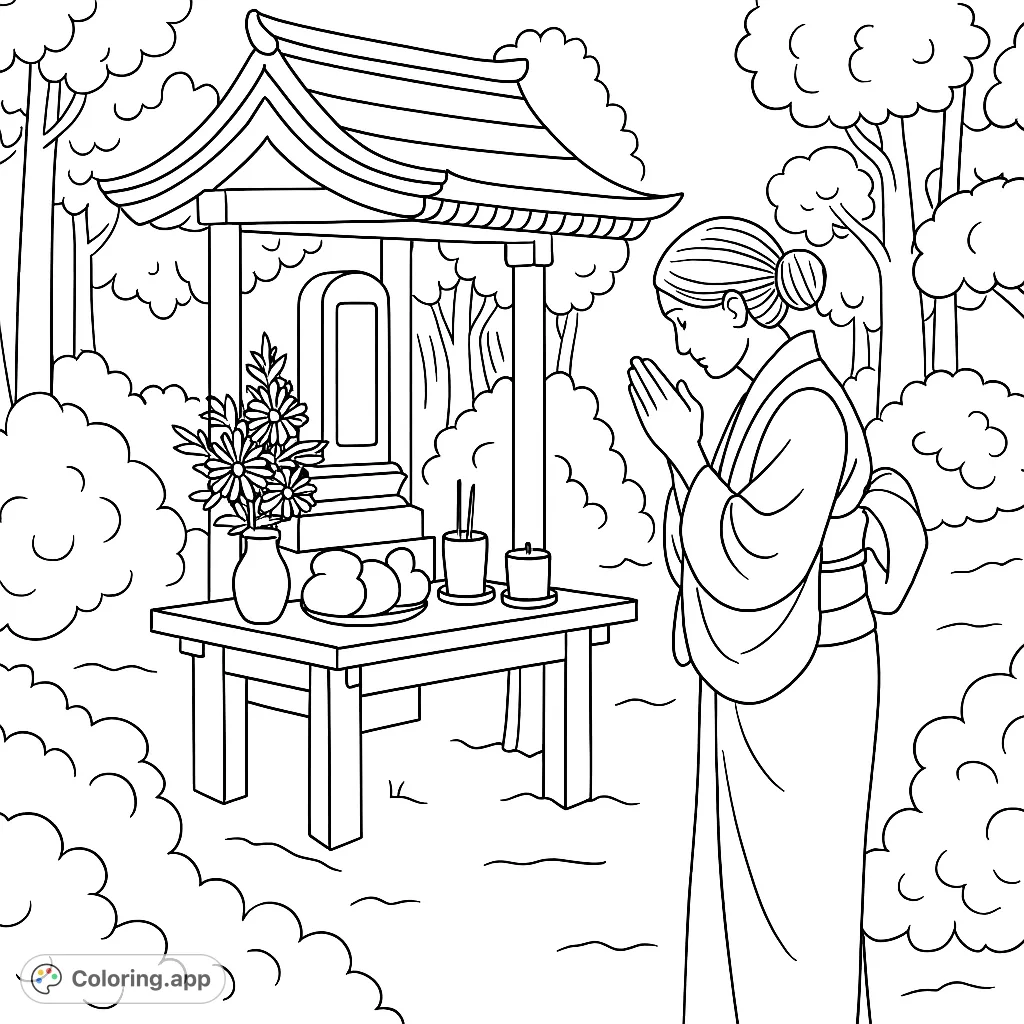A serene Japanese woman in kimono prays at a traditional shrine with offerings, surrounded by lush nature. A free printable cultural coloring page.