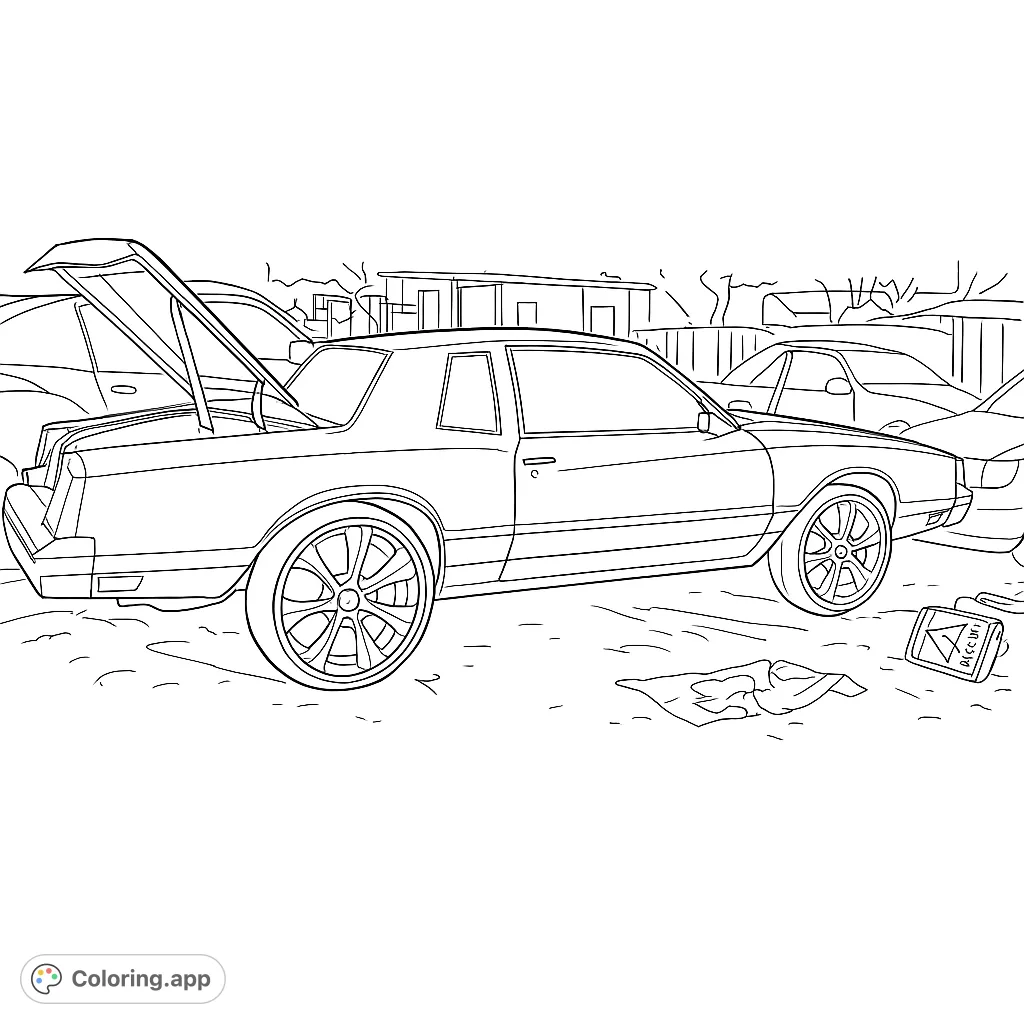 Color a classic muscle car with an open trunk in a junkyard setting. A free printable classic car coloring page for enthusiasts of all ages.