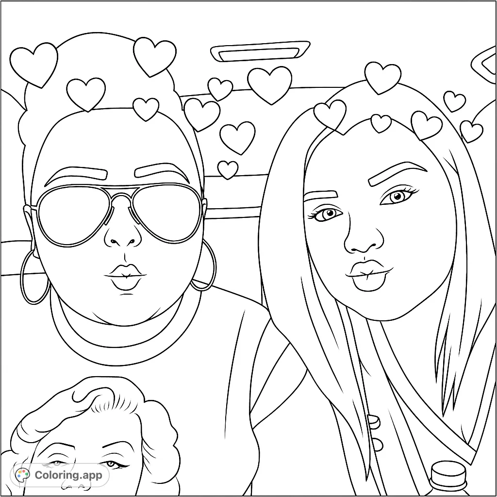 A charming friends selfie coloring page featuring two women making kissy faces, surrounded by floating hearts. A free printable coloring page for fun!