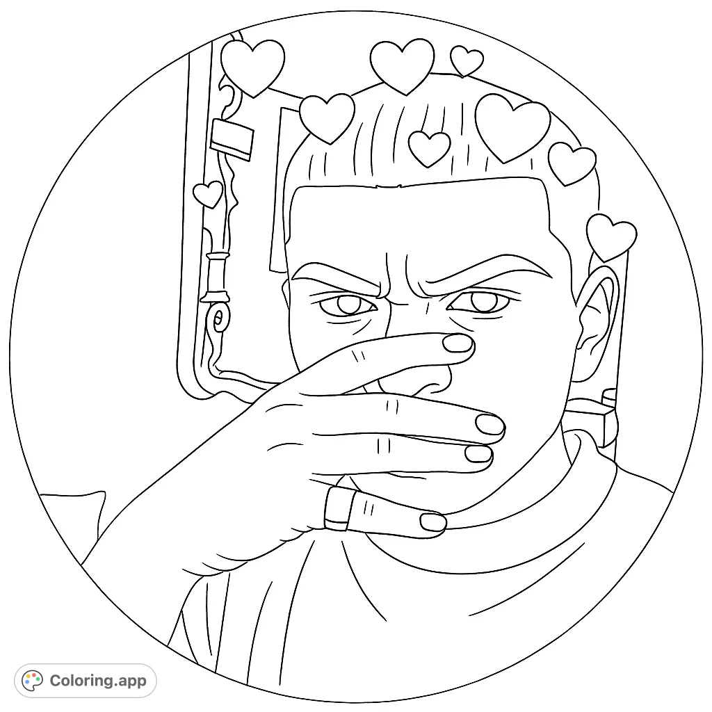 An expressive face with a hand covering the mouth, topped by a whimsical heart crown. A unique, free printable emotional expression coloring page for all ages.
