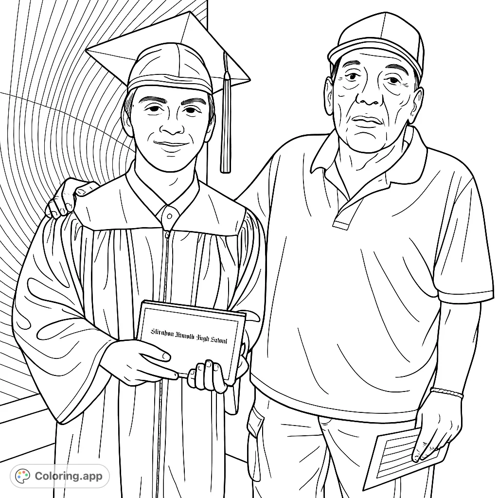 Celebrate achievement with this graduation coloring page featuring a proud graduate and a supportive family member. Perfect for commemorating special milestones.