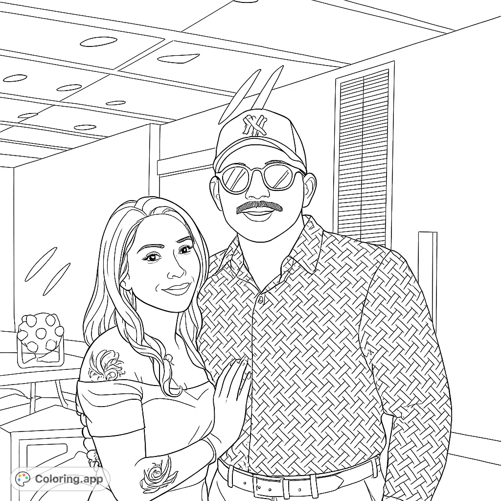 A heartwarming portrait of a happy couple, perfect for personalizing with vibrant colors. Features a man in a cap and a woman with floral tattoos.
