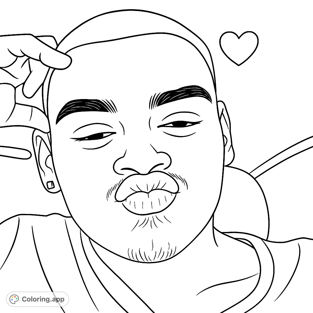 A fun, expressive portrait of a person making a kissy face, complete with a playful heart and detailed features. Perfect for a unique coloring experience!