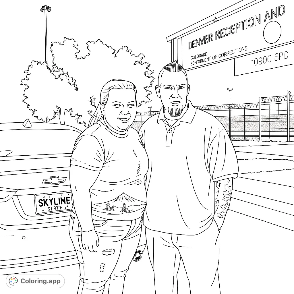 A modern couple stands in front of a building and car, offering a unique portrait coloring page. Perfect for personalizing with vibrant colors.