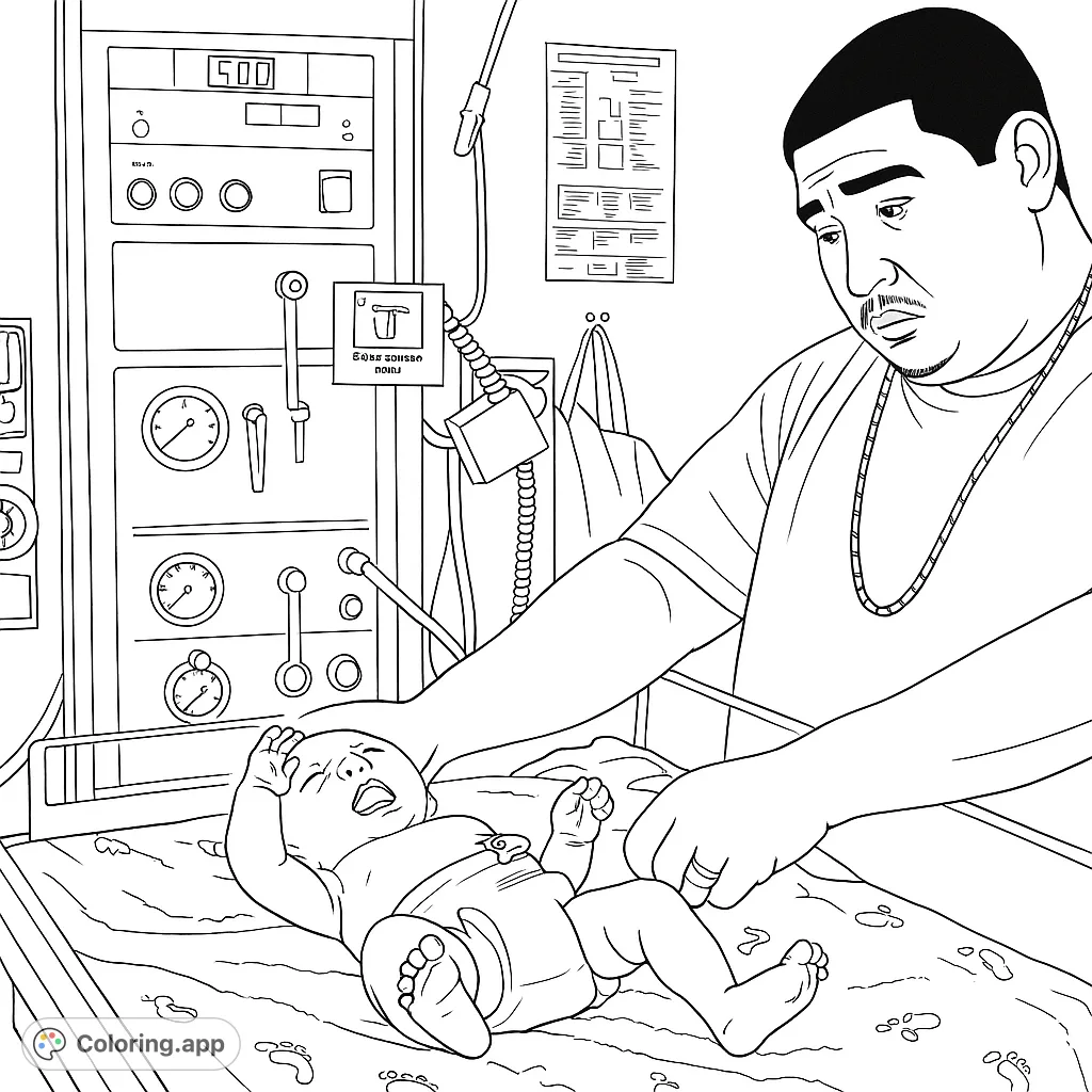 A tender hospital scene featuring a new father gently attending to his crying newborn in a crib, surrounded by medical equipment. A heartwarming moment.