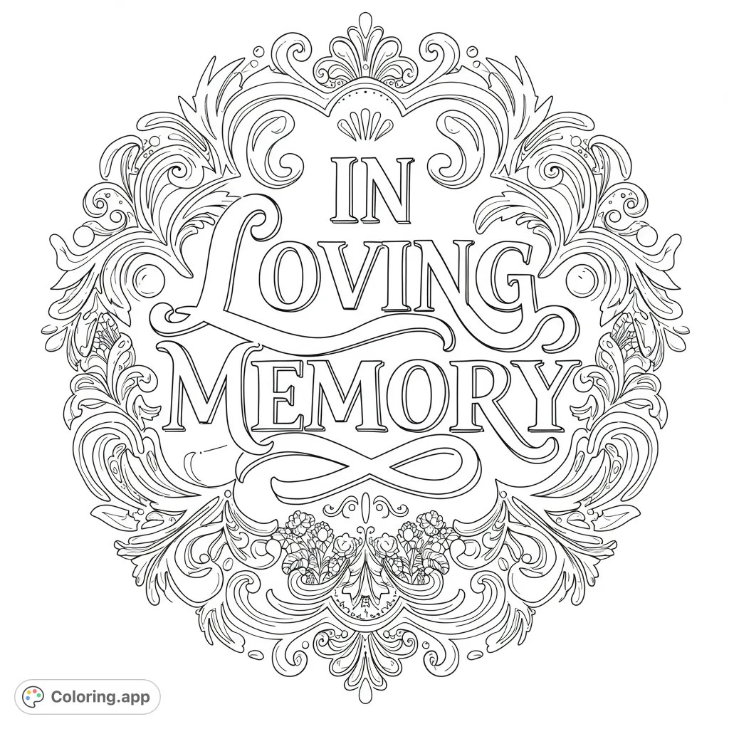 An intricate 'In Loving Memory' coloring page, featuring elegant scrollwork and delicate floral details within a beautiful circular frame.