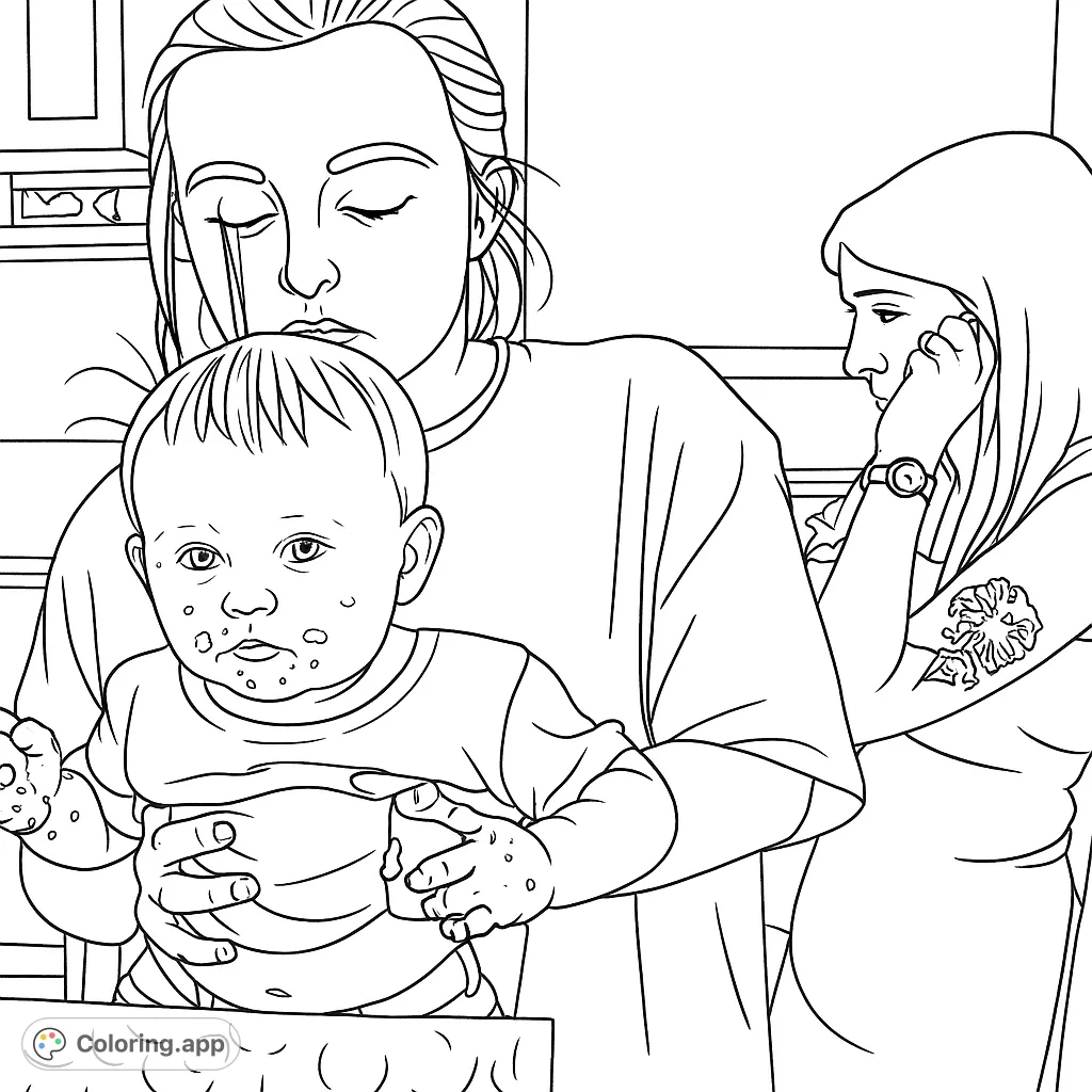 A relatable parenthood coloring page featuring an exhausted parent holding a messy baby, with another family member nearby. A free printable coloring page.