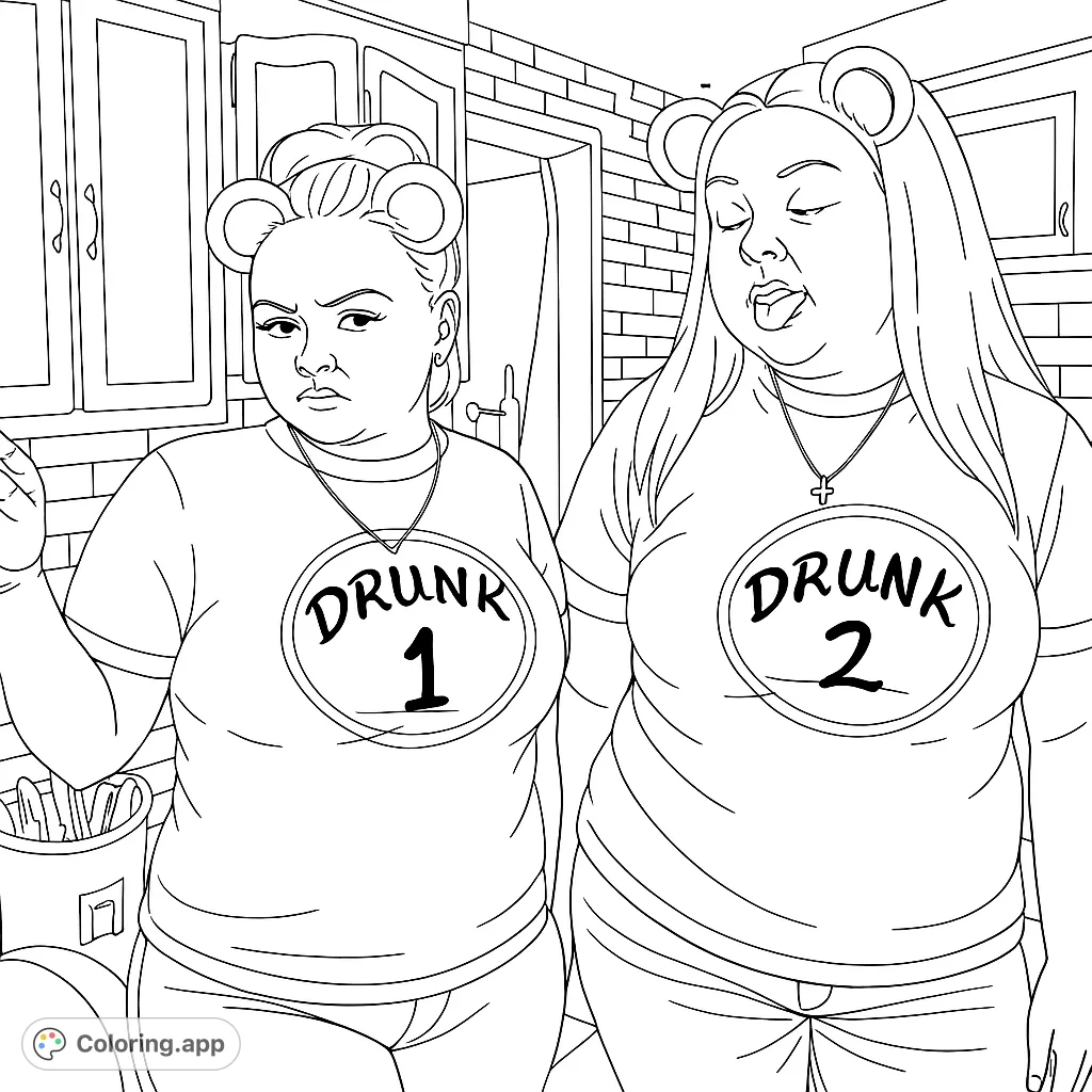 Two expressive women in bear ear headbands and "DRUNK" shirts, captured in a fun kitchen scene. Perfect for a humorous and engaging coloring experience.