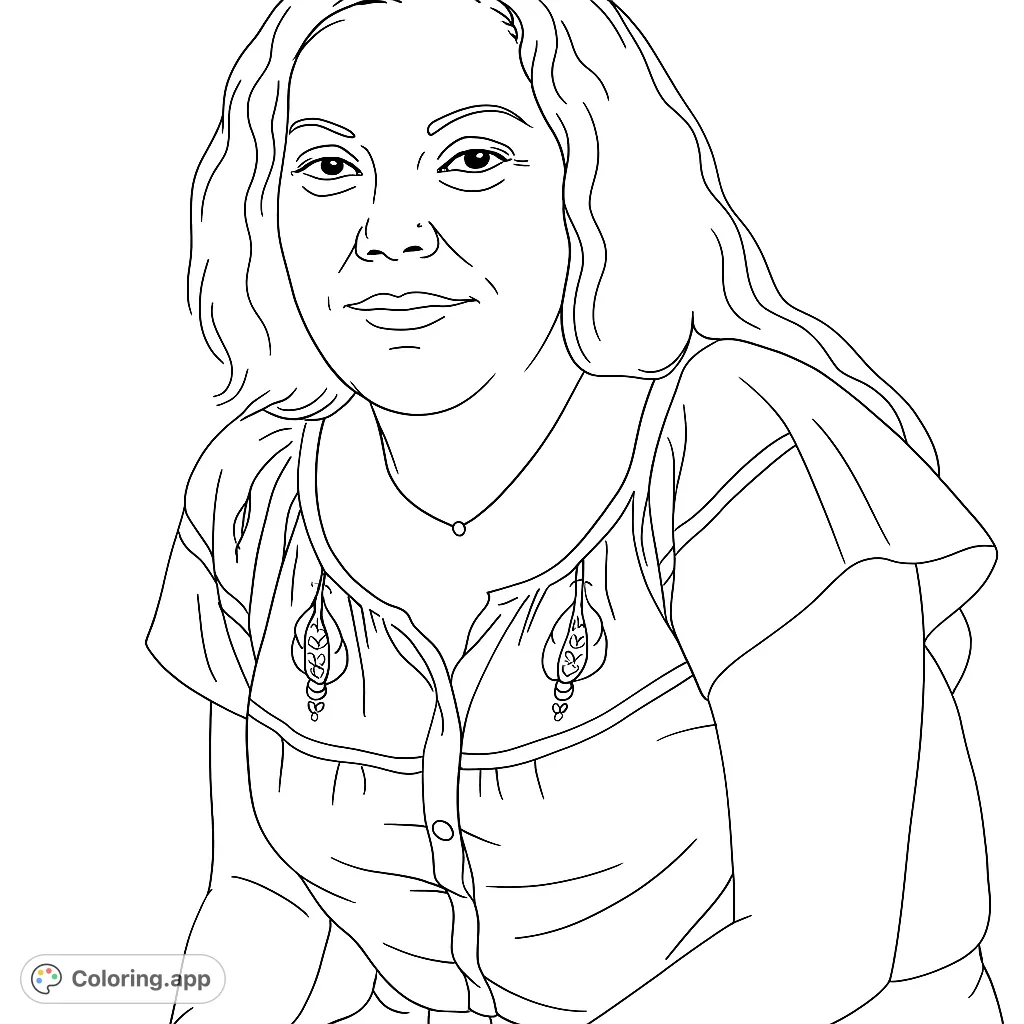 A serene woman with wavy hair and a detailed blouse, offering a relaxing and engaging coloring experience for all ages.