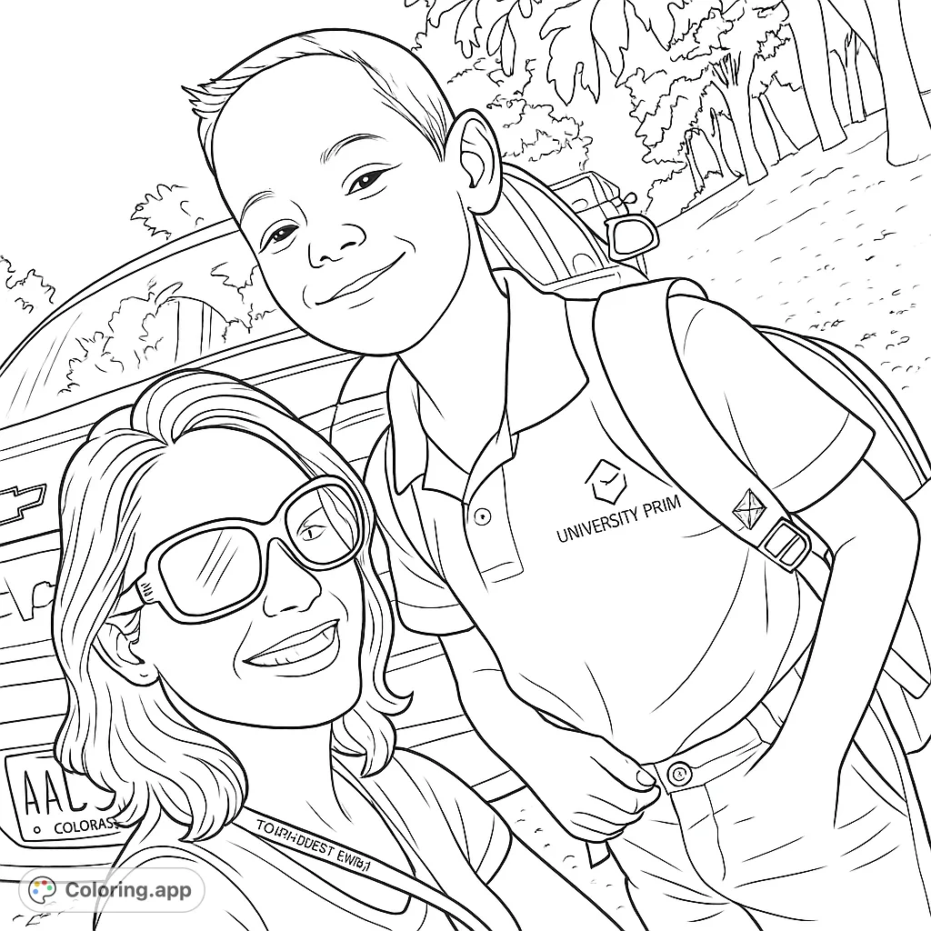 A heartwarming family portrait featuring a smiling woman and boy, perfect for a free printable family coloring page for all ages.