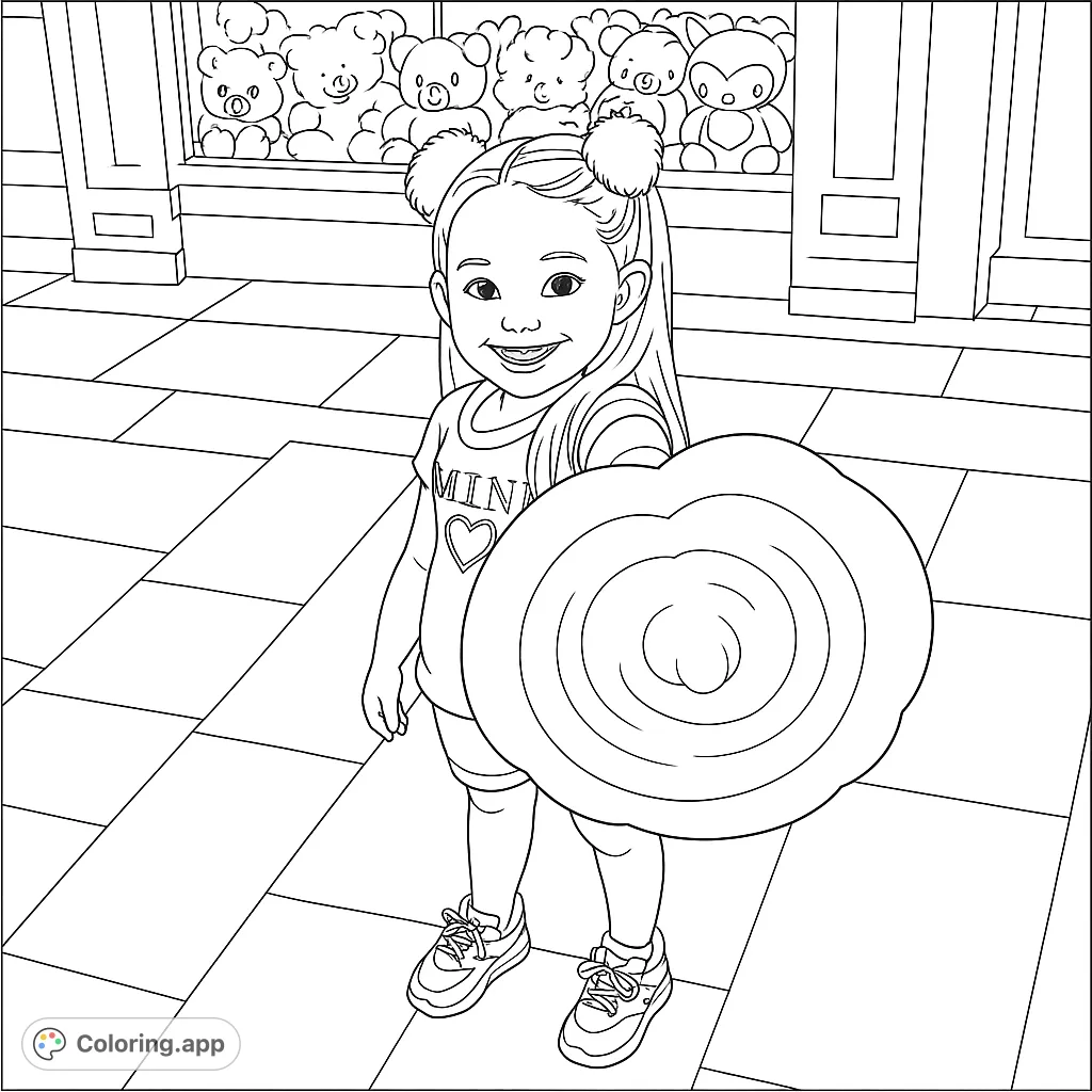 A joyful girl holds a fluffy cotton candy in front of a toy store window filled with adorable plush animals. A delightful free printable coloring page.