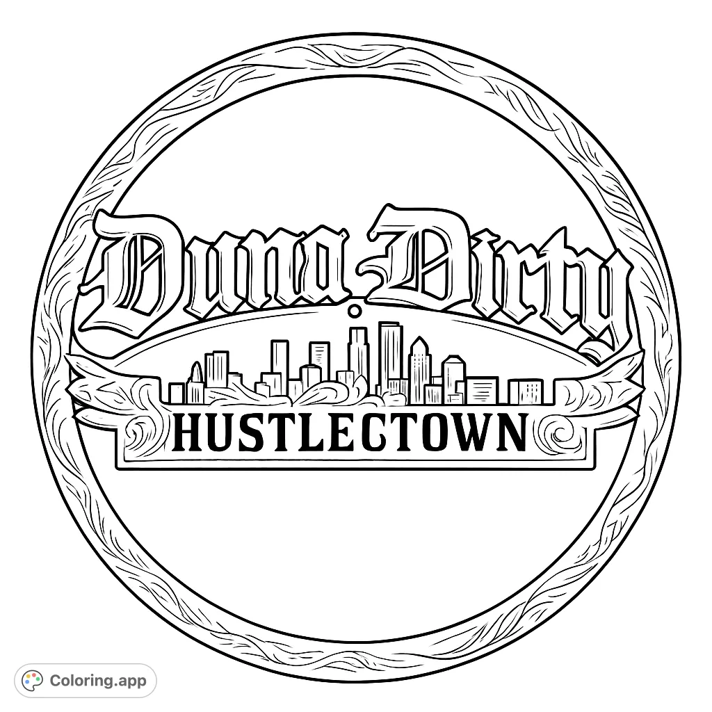 Intricate urban emblem featuring a detailed cityscape, ornate script, and decorative banner within a textured circular frame. Perfect for creative coloring.