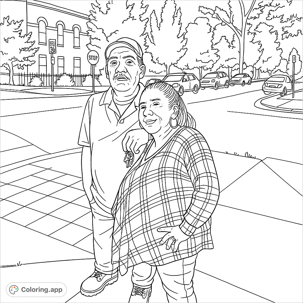 A charming black and white line drawing of a couple standing on a city sidewalk, surrounded by urban details like cars, buildings, and trees. Perfect for coloring.