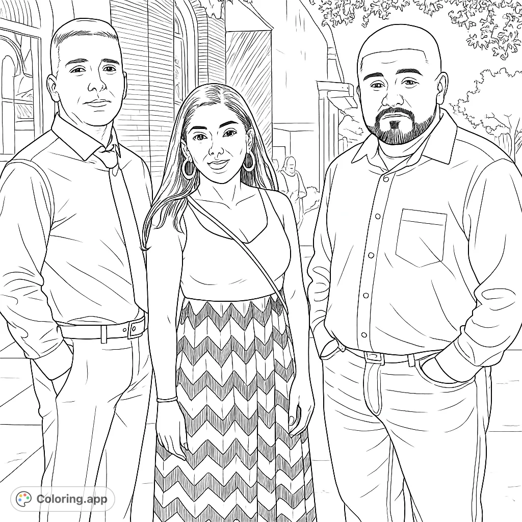 A vibrant urban trio portrait, perfect for a free printable coloring page. Features three friends in a city setting, ready for your creative touch.