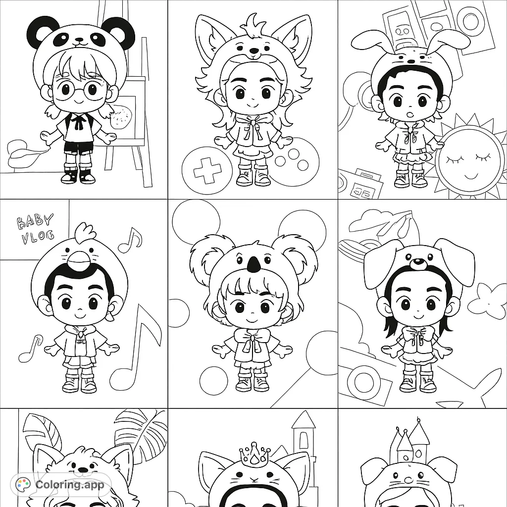 Adorable chibi characters in various animal costumes, perfect for a fun and creative coloring experience. A free printable coloring page for all ages.